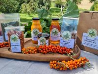 Latvijas mājražotāja 'Padegas' dabīgie smiltsērk&scaron;ķu un rabarberu produkti &mdash; sulas, sīrupi un sukādes mājīgā lauku vidē.